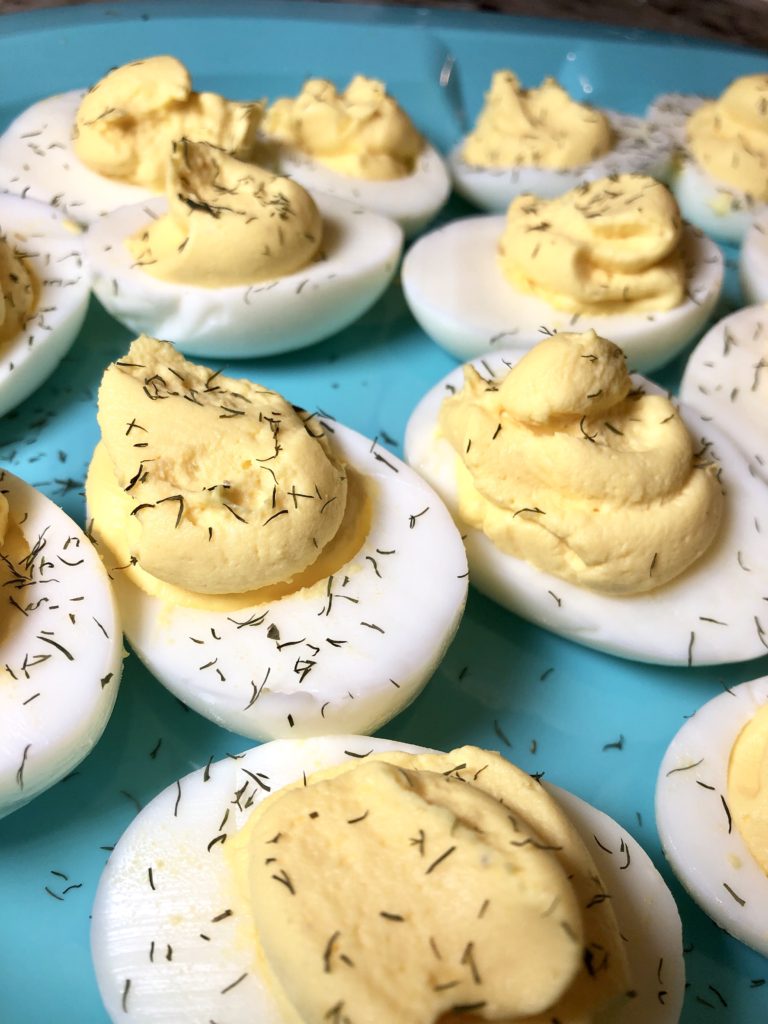 Creamy deviled eggs made with cream cheese and mayo 